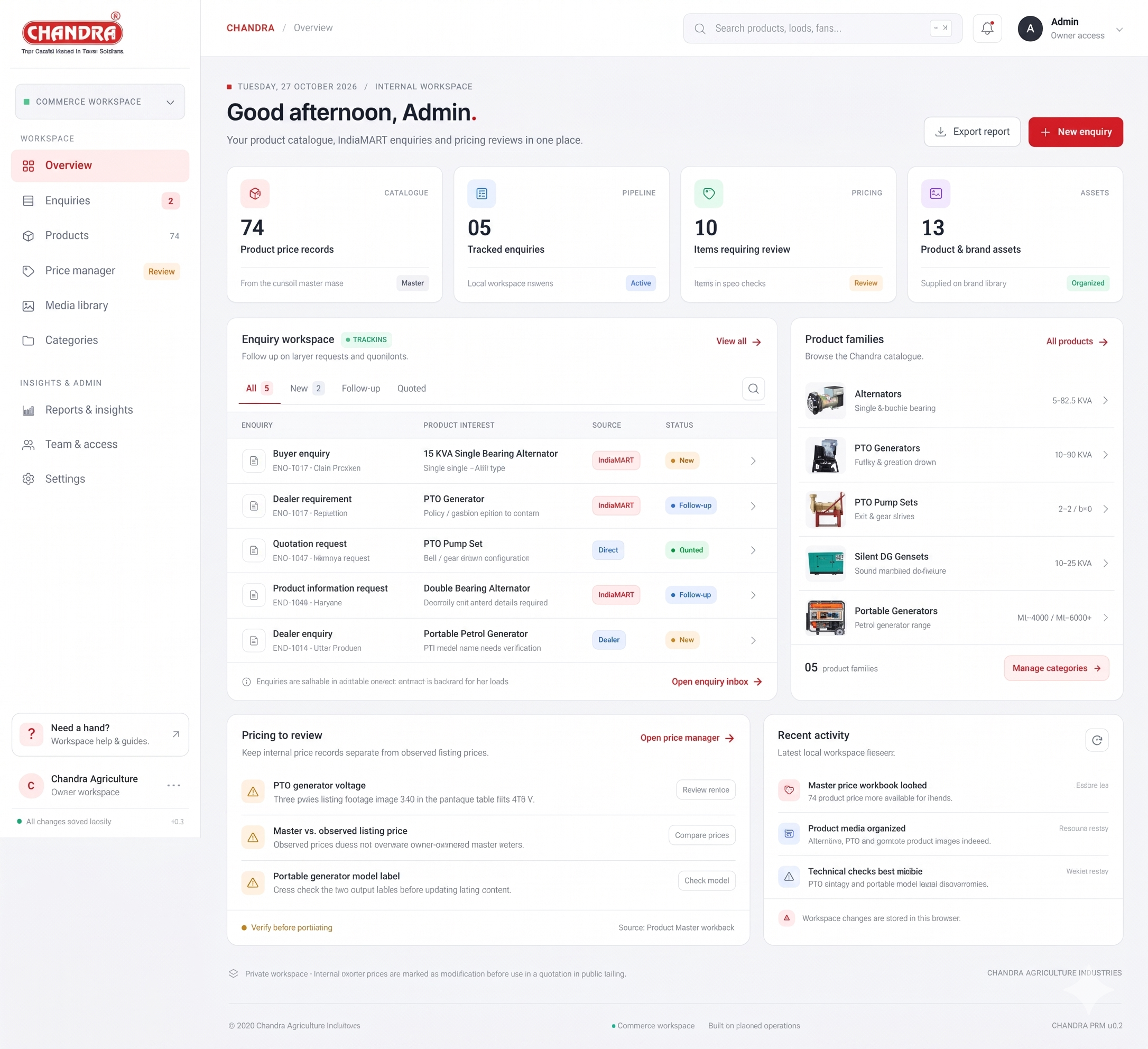 Chandra Commerce CMS UI concept showing an admin workspace, product families, IndiaMART enquiries, price review, and marketing resources.